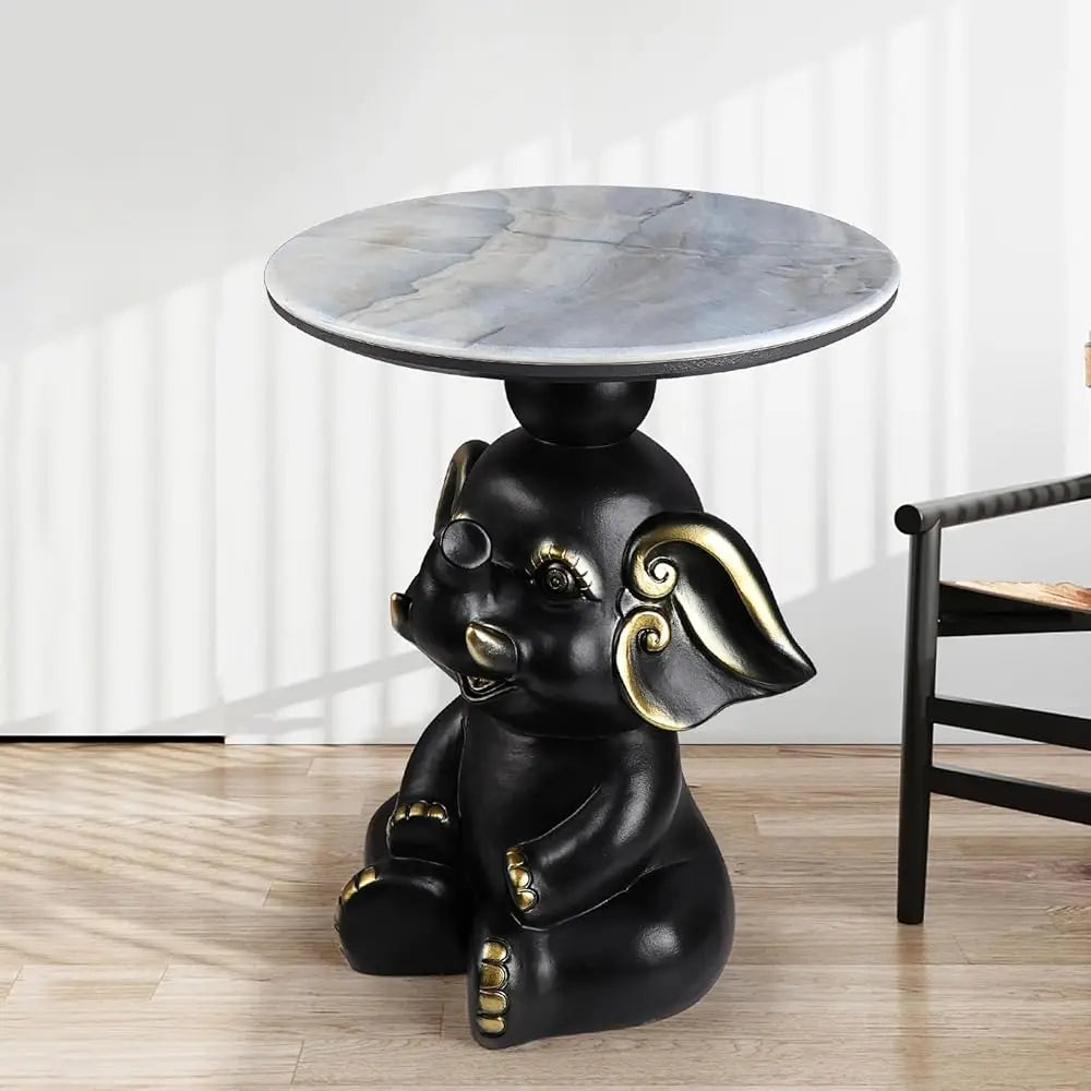 Contemporary Elephant Base Side Table With Faux Marble Top