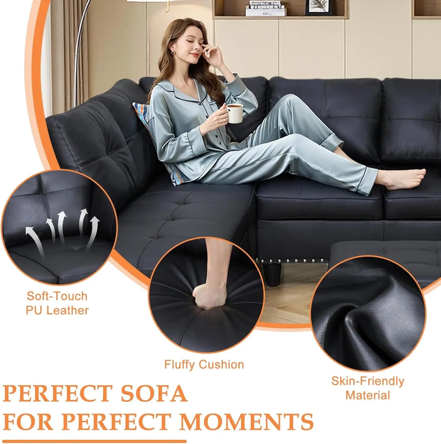 Modern L Shape Sectional Sofa with Ottoman and Pillows