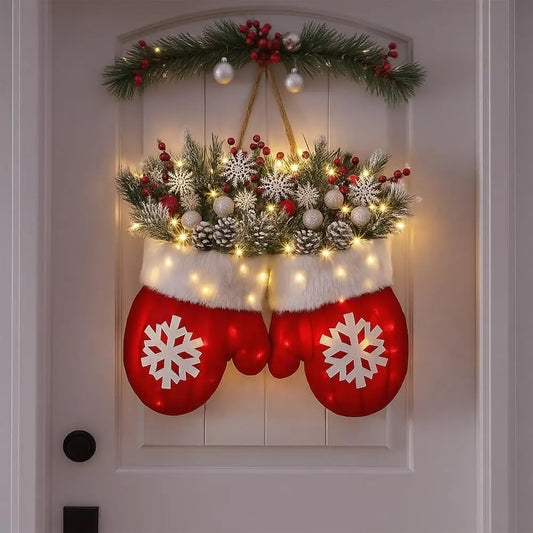 Twinkling Christmas Mitten Wreath Lighted Front Door Garland