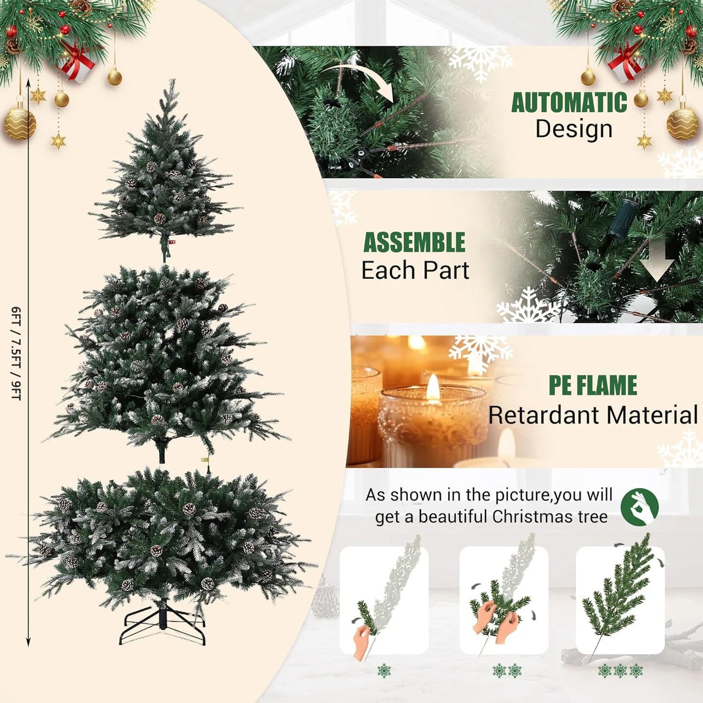 Premium Ultra-Realistic Prelit Snow-Flocked Christmas Tree With 8-Mode LED-Illuminated