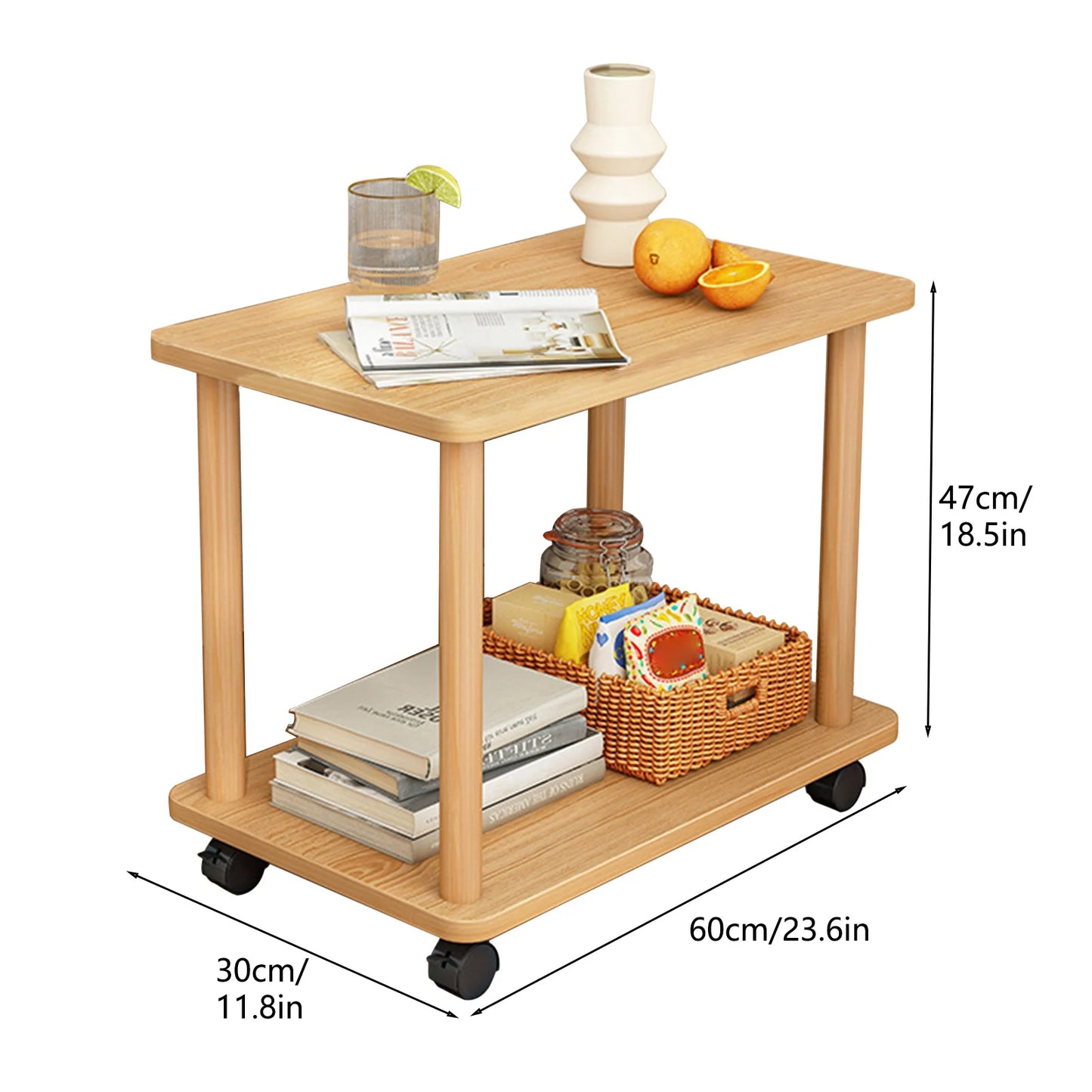 360 Degree Swivel Solid Wood Side Table With Tiered Shelf