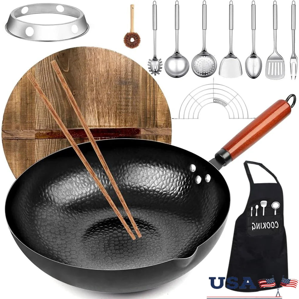 14 Piece Wok Pan Set with Wooden Lid and Utensils