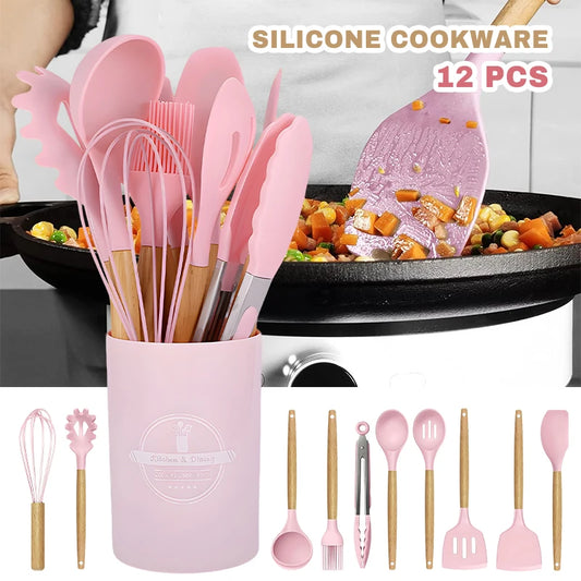 Silicone Kitchen Utensil Set with Wooden Handles for Cooking