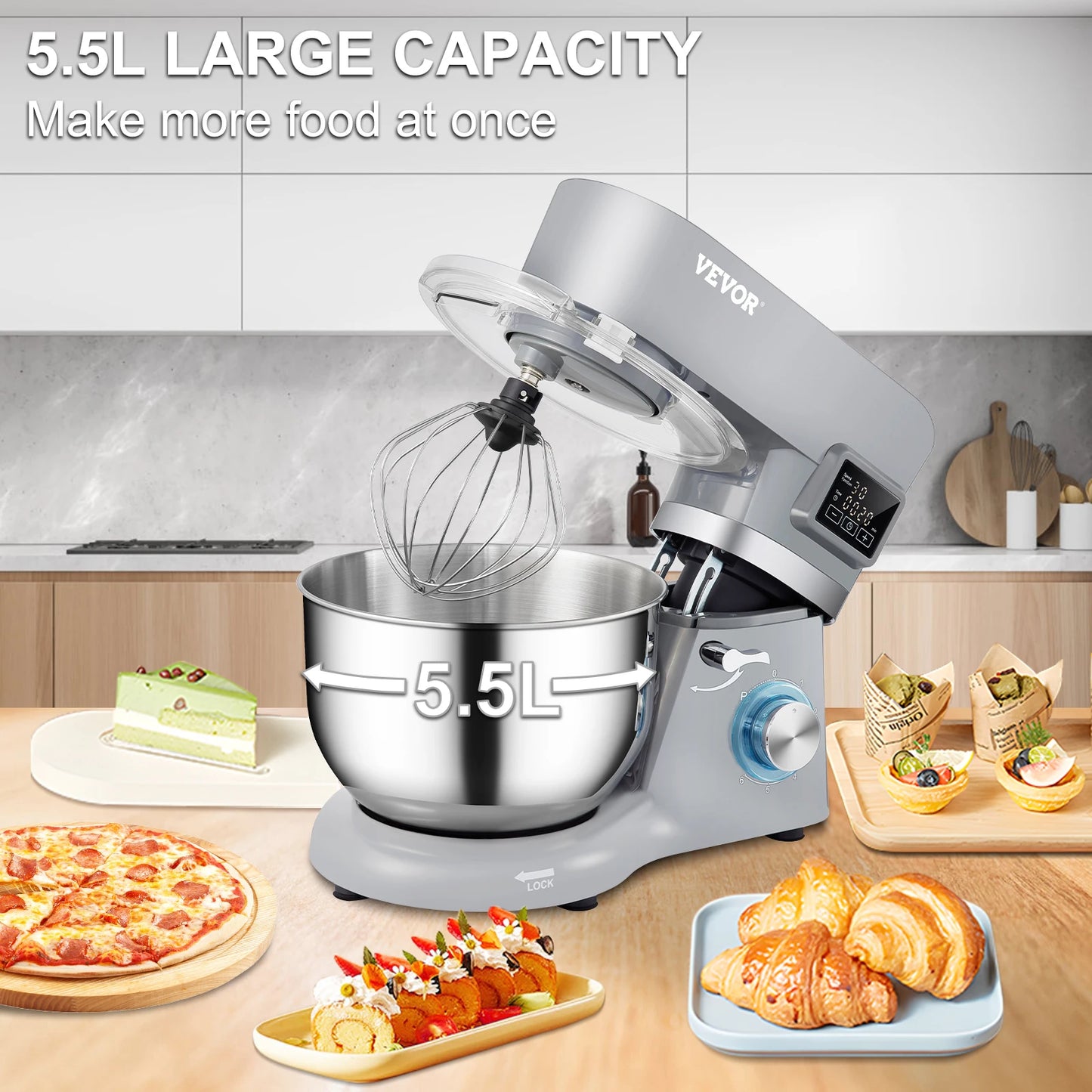 VEVOR 5.5/7L Electric Stand Mixer with 6 Speeds LCD Screen