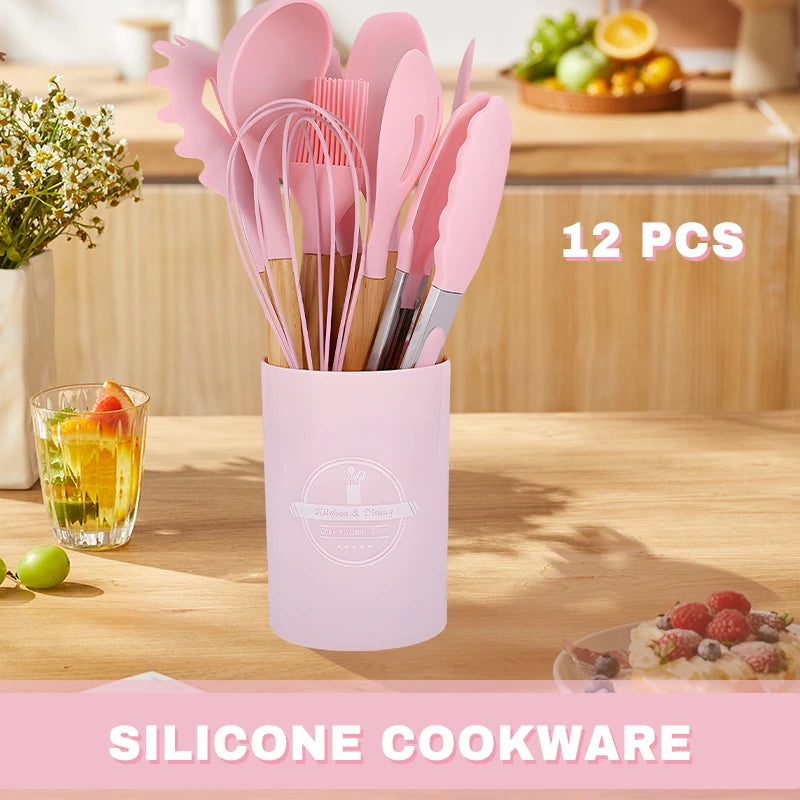 Silicone Kitchen Utensil Set with Wooden Handles for Cooking
