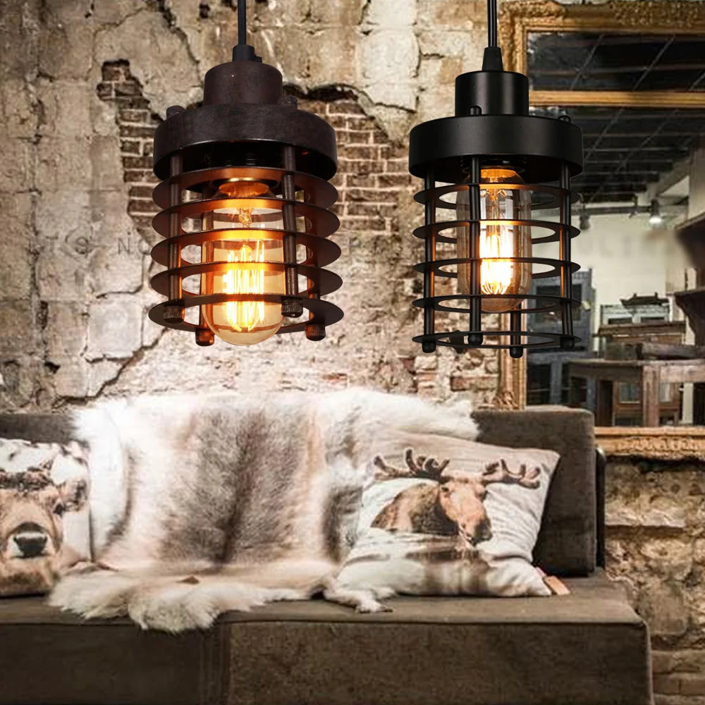 Rustic Vintage Industrial Iron Cage Lampshade Pendant Light Hanging Ceiling Lamp Adjustable Chain for  Bedroom, Dining Room
