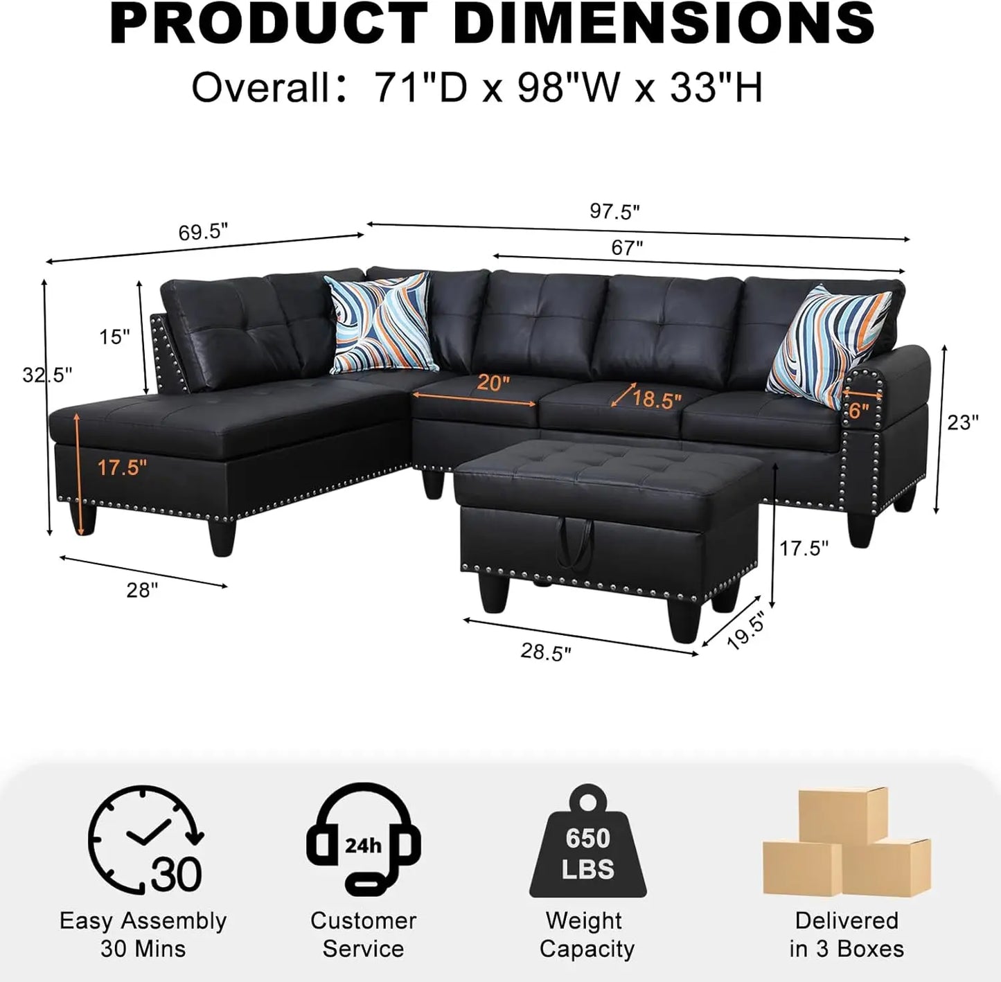 Modern L Shape Sectional Sofa with Ottoman and Pillows