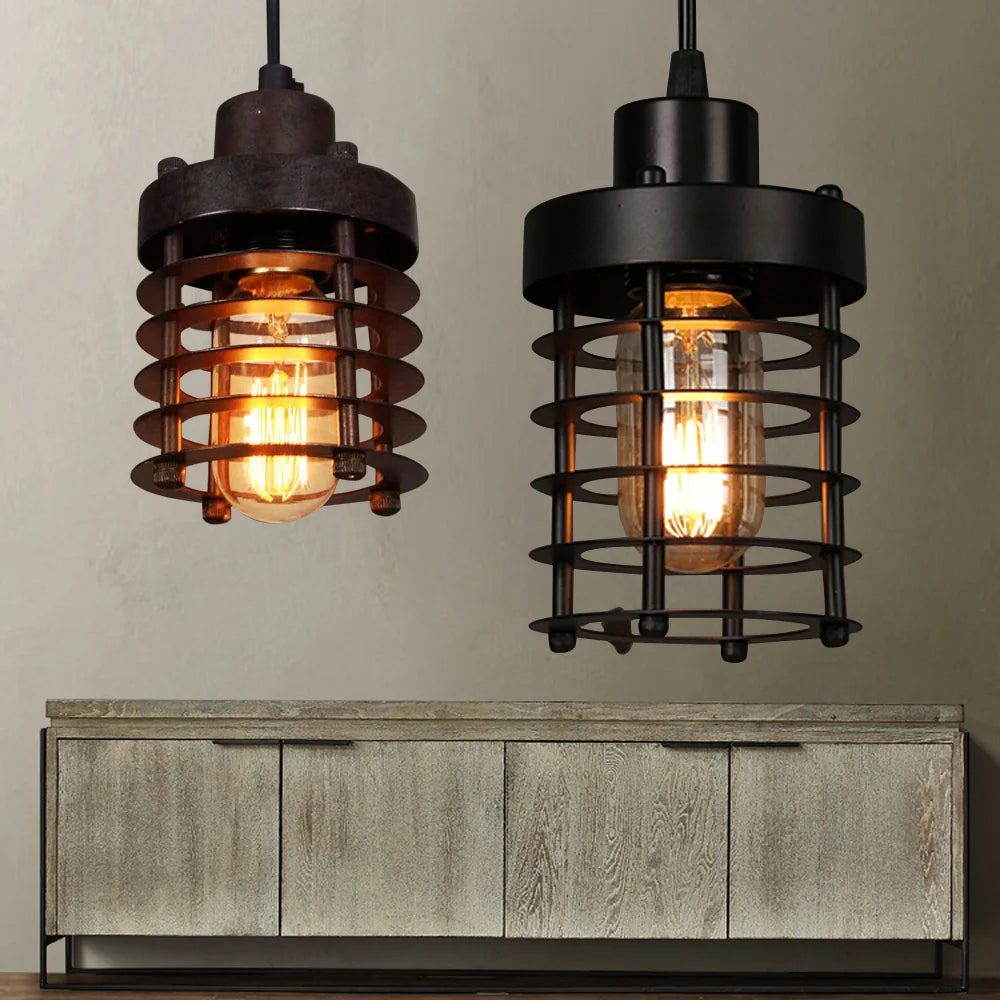 Rustic Vintage Industrial Iron Cage Lampshade Pendant Light Hanging Ceiling Lamp Adjustable Chain for  Bedroom, Dining Room