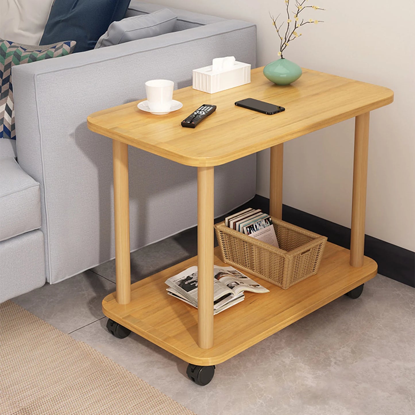 360 Degree Swivel Solid Wood Side Table With Tiered Shelf