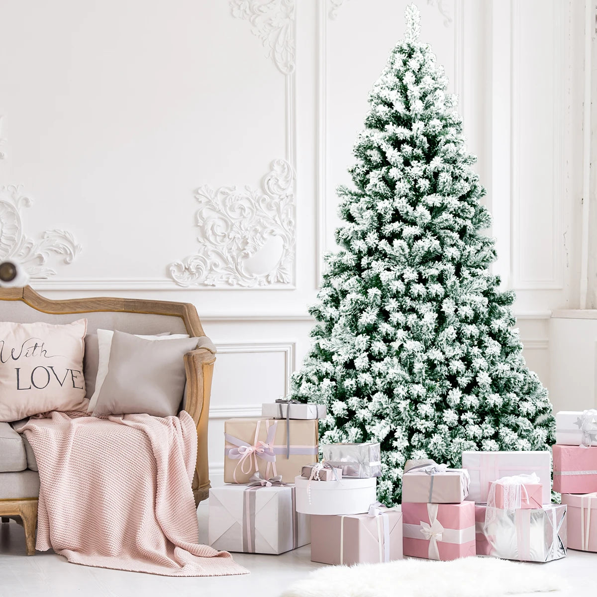 Prelit Snow Flocked Hinged Christmas PineNeedleChristmasTree With 550 UltraPremiumQuality Lights