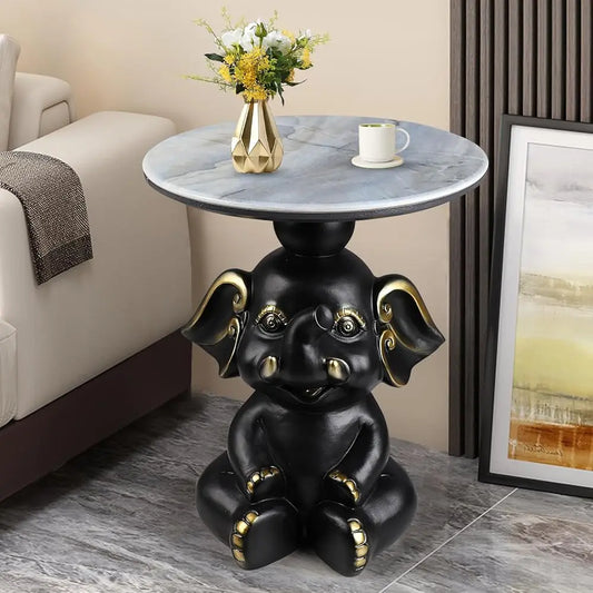 Contemporary Elephant Base Side Table With Faux Marble Top